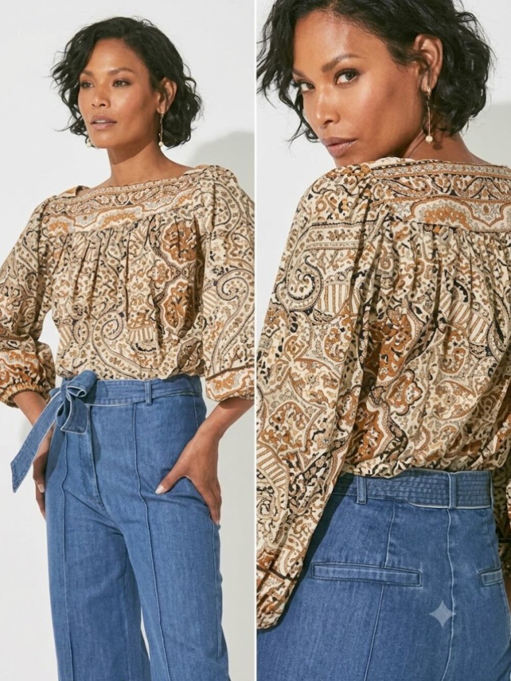 Cleobella Teagan Boho Blouse Size S Paisley Puff Sleeve Cottagecore Earthy